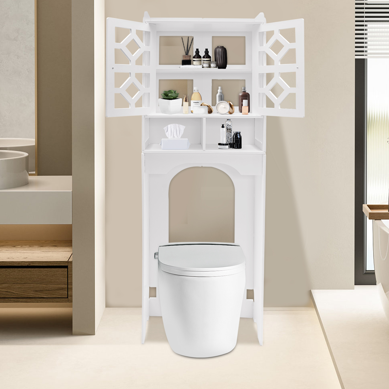 Over The Toilet Storage Cabinet, 4 Tier Bathroom Organizer w/ Raised Leg