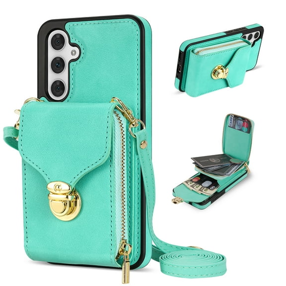 Nalacover Wallet Case for Samsung Galaxy A14 5G,with Removable Adjustable Shoulder Strap,PU Leather Back Zipper Pocket Card Holder Stand Purse Shockproof Phone Case for Women Men,Mint