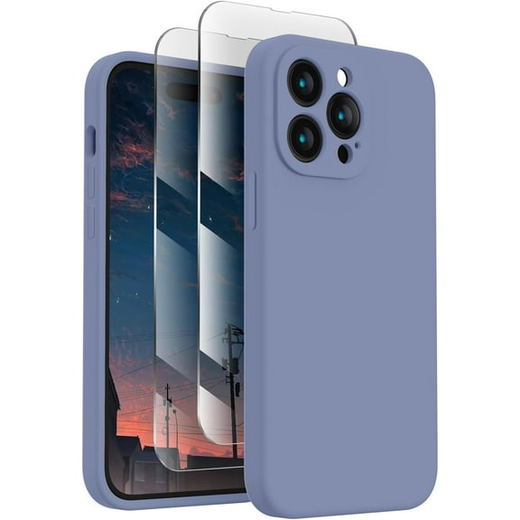 for iPhone 14 Pro Max Case, Silicone Upgraded [Camera Protection] for iPhone 14 ProMax Case with [2 Screen Protectors], Soft Anti-Scratch Microfiber Lining Inside, 6.7 inch, Lavender Gray