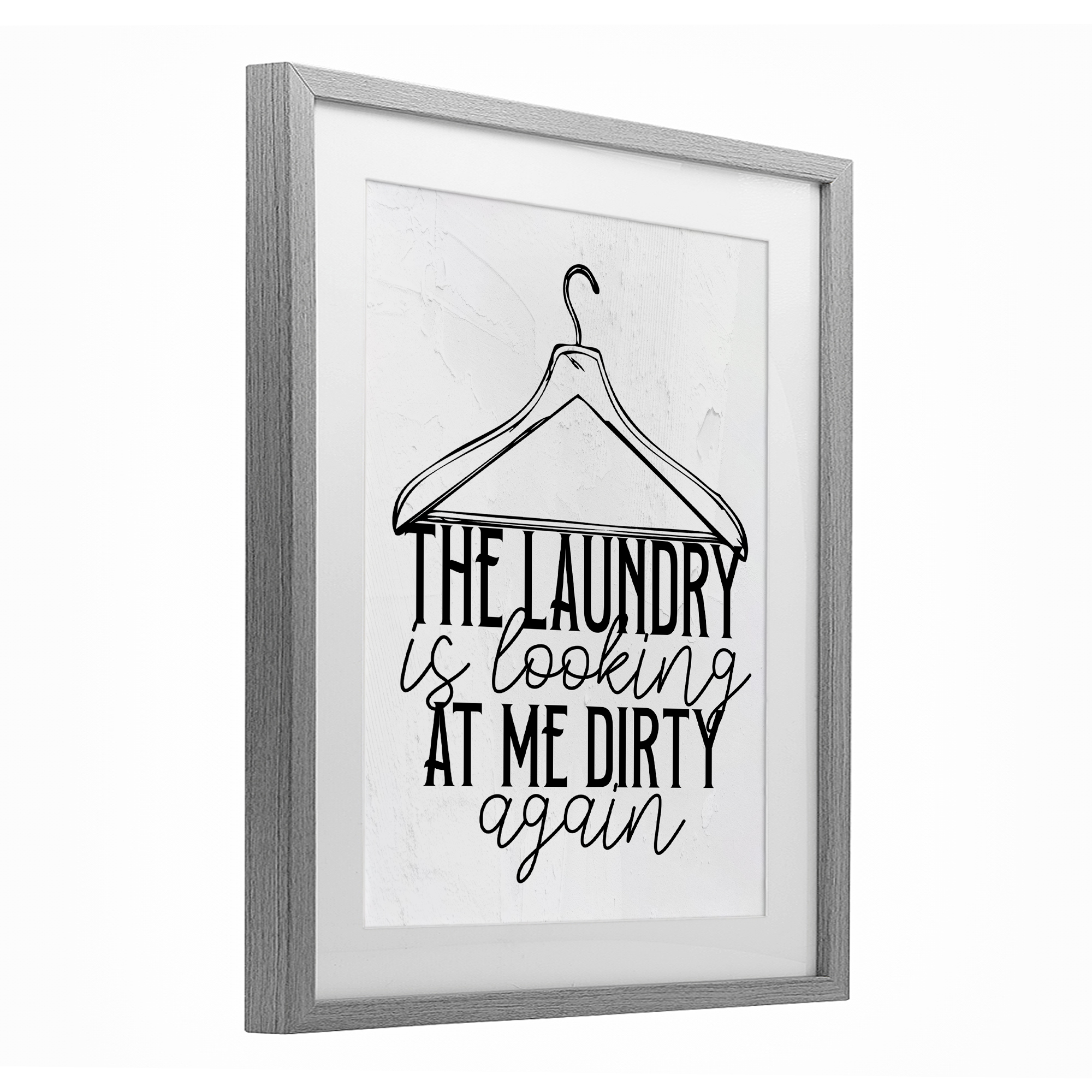 Laundry Is Looking At Me Dirty Gray Framed Print Under Glass, design by Kim Allen
