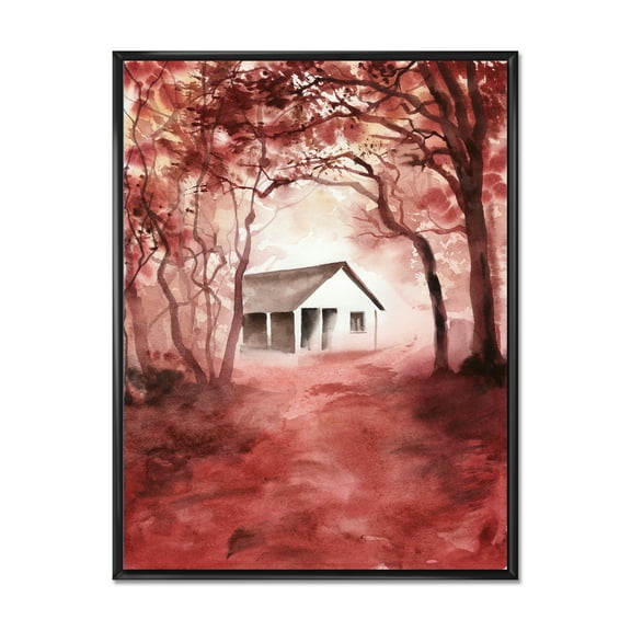 Designart 'Red Autumn Woods and A House in Wild' Cabin & Lodge Framed Canvas Wall Art Print