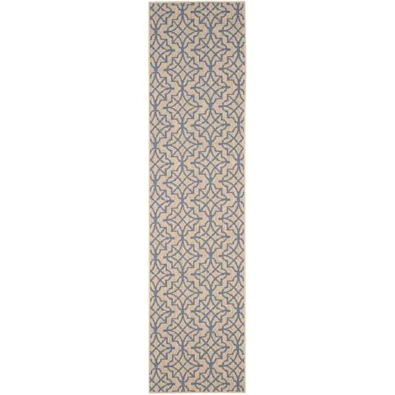 SAFAVIEH Palm Beach Amias Damask Runner Rug, Natural/Blue, 2' x 8'