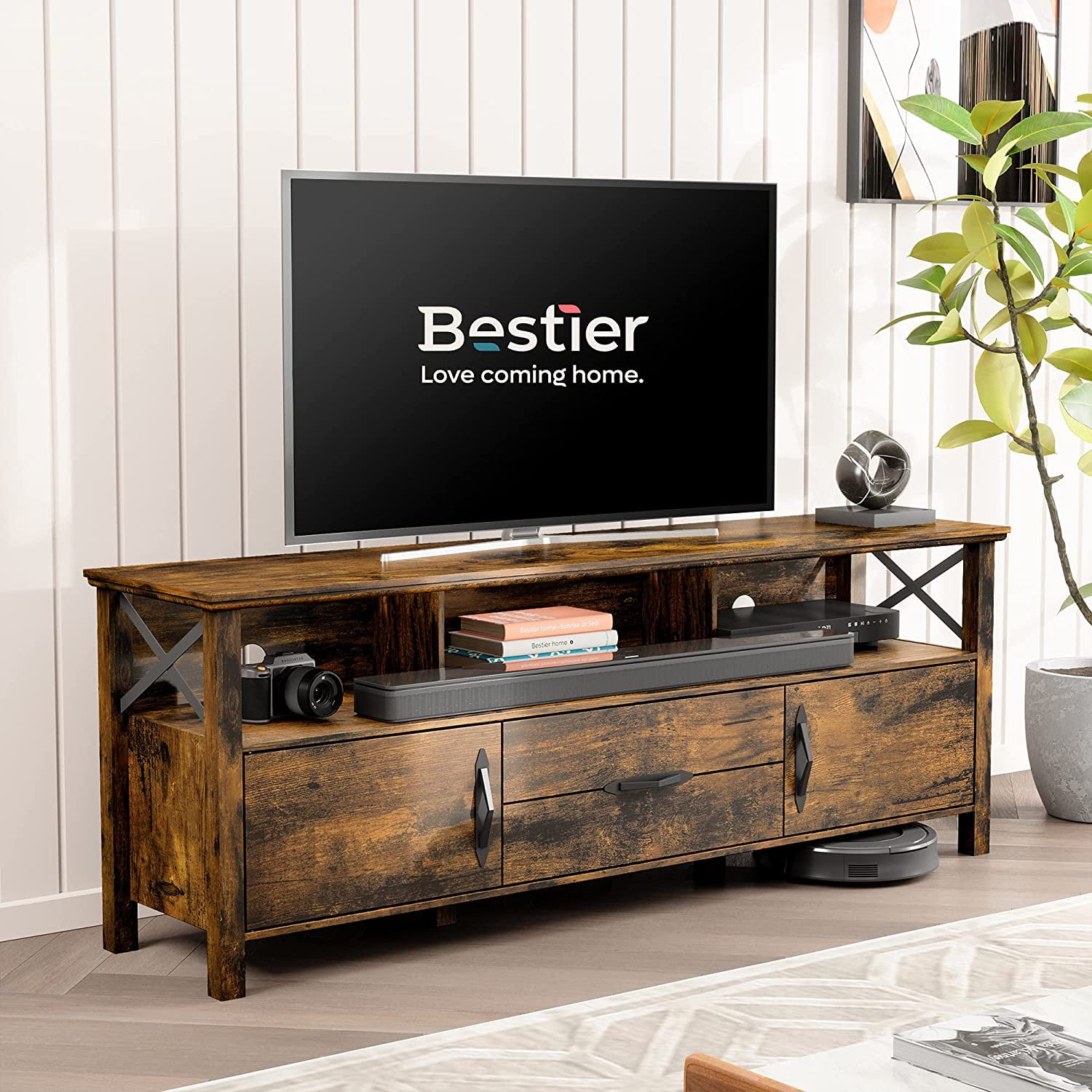 BESTIER TV Stand for TV up to 70 Inch, TV with Wooden Drawer