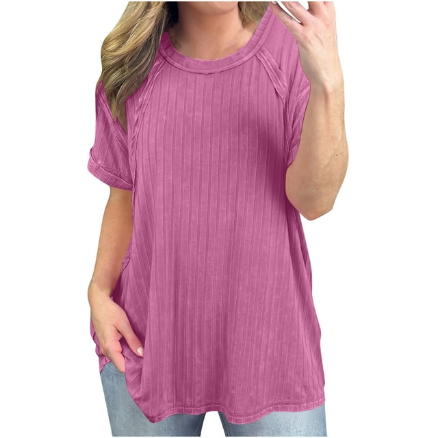 Timegard Short Sleeve Tops for Women Ribbed Round Neck Comfy Casual Loose Long Shirt Top Oversized Blouse
