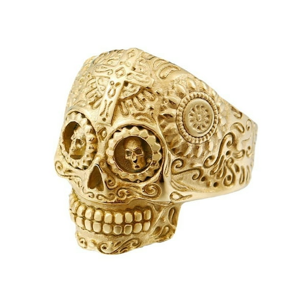 14K Yellow Gold Skull Rings For Men Mexican Rings Retro Gold Color Cross Sun Flower Engraved Punk Jewelry