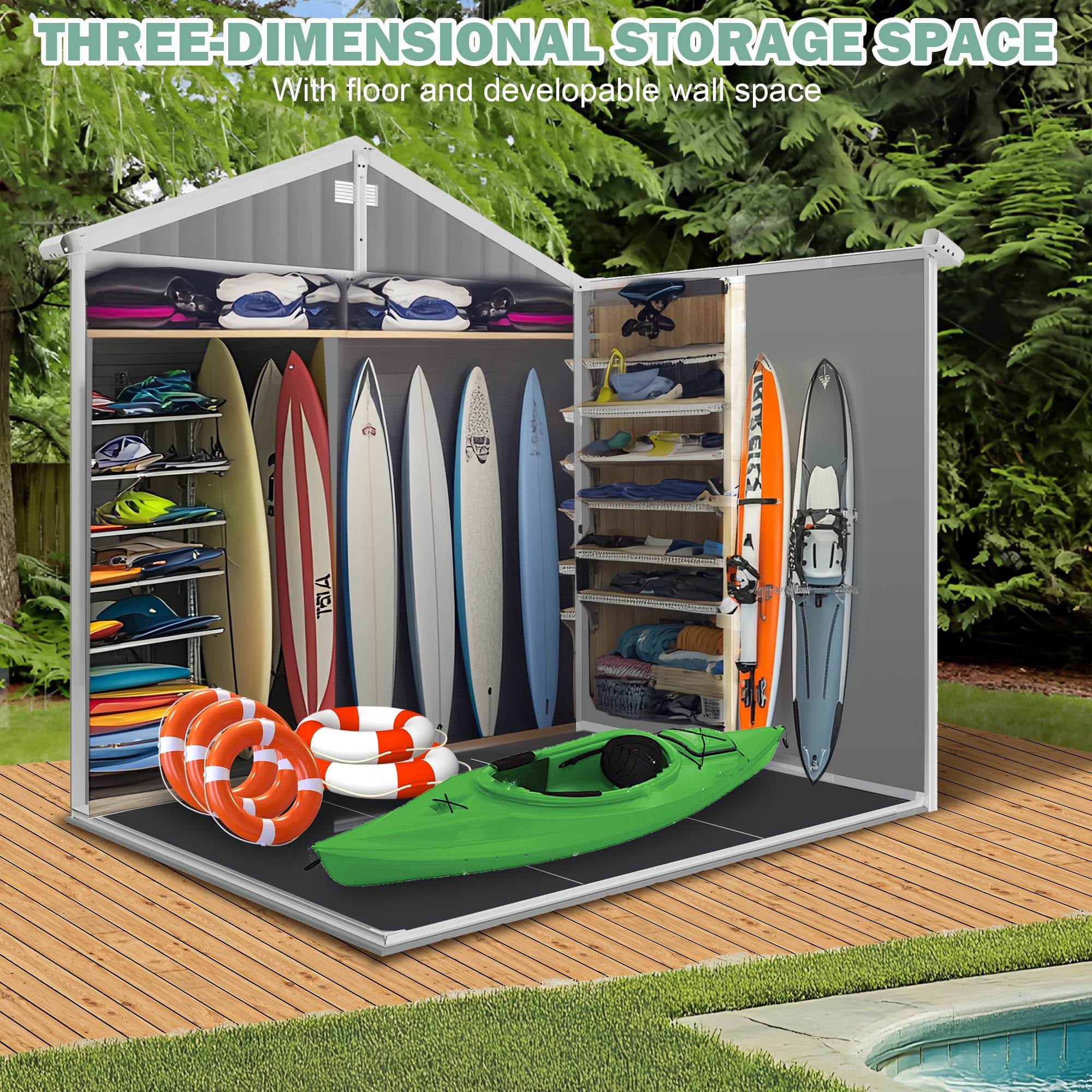 7.5x6.5FT Shed and Outdoor Storage, All-weather Plastic Shed XL Size with Floor, Tool Bike Storage Shed for Garden Yard, Double Vent, Drainage Hole, Multi-purpose Outdoor Storage