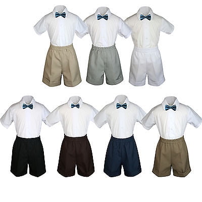 

3pc Set Boy Toddler Formal Party Green Teal Bow Tie White Navy Khaki Shorts S-4T