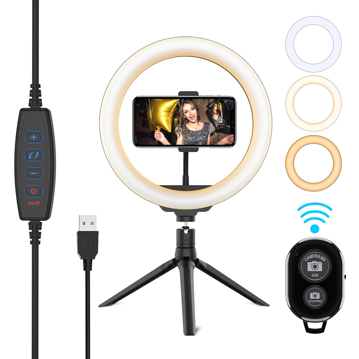 10 in Selfie LED Ring Light with Stand Wireless Remote Control Phone Holder for Live Stream Makeup Photography Dimmable 3 Light Modes and 10 Brightness Level 