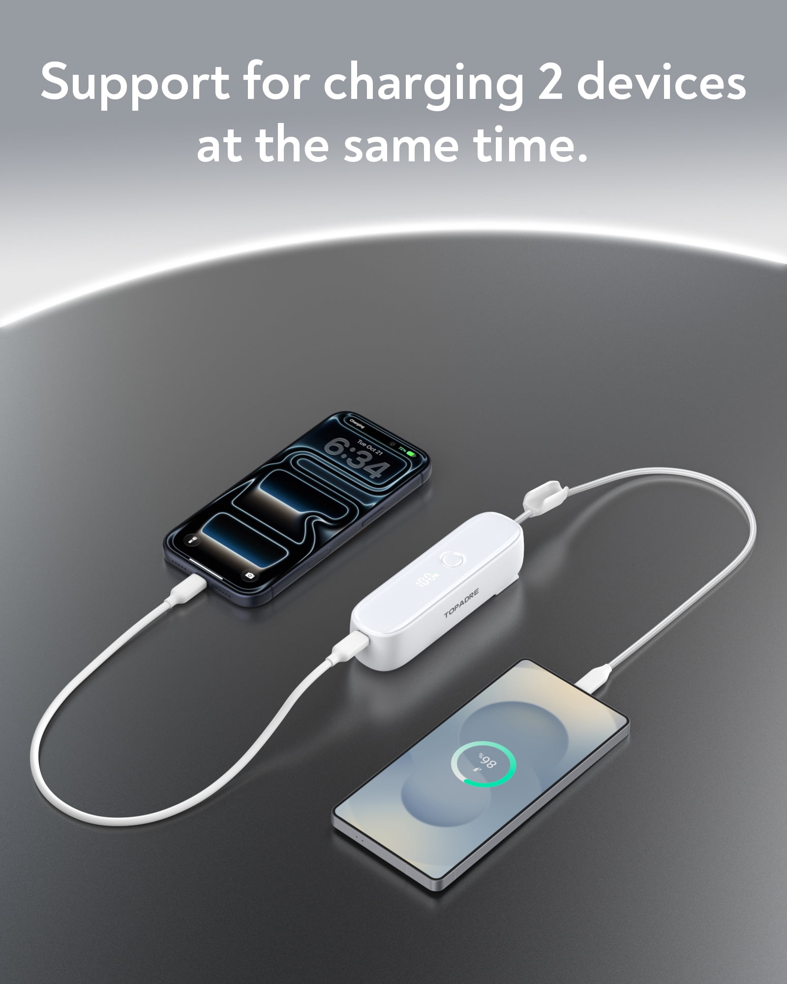 TOPADRE 22.5W Power Bank, 5000mAh Portable Charger with Built-in USB-C Cable, Foldable Plug, Dual Type-C Ports, White