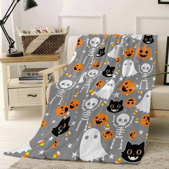 Halloween Little Boo Grey Pumpkin Ghost Black Cat Skull Throw Flannel Blanket 30x40In Super Soft Cozy Bed Blanket, Lightweight Plush Fuzzy Bed Throw for Bedroom Sofa Couch Living Room