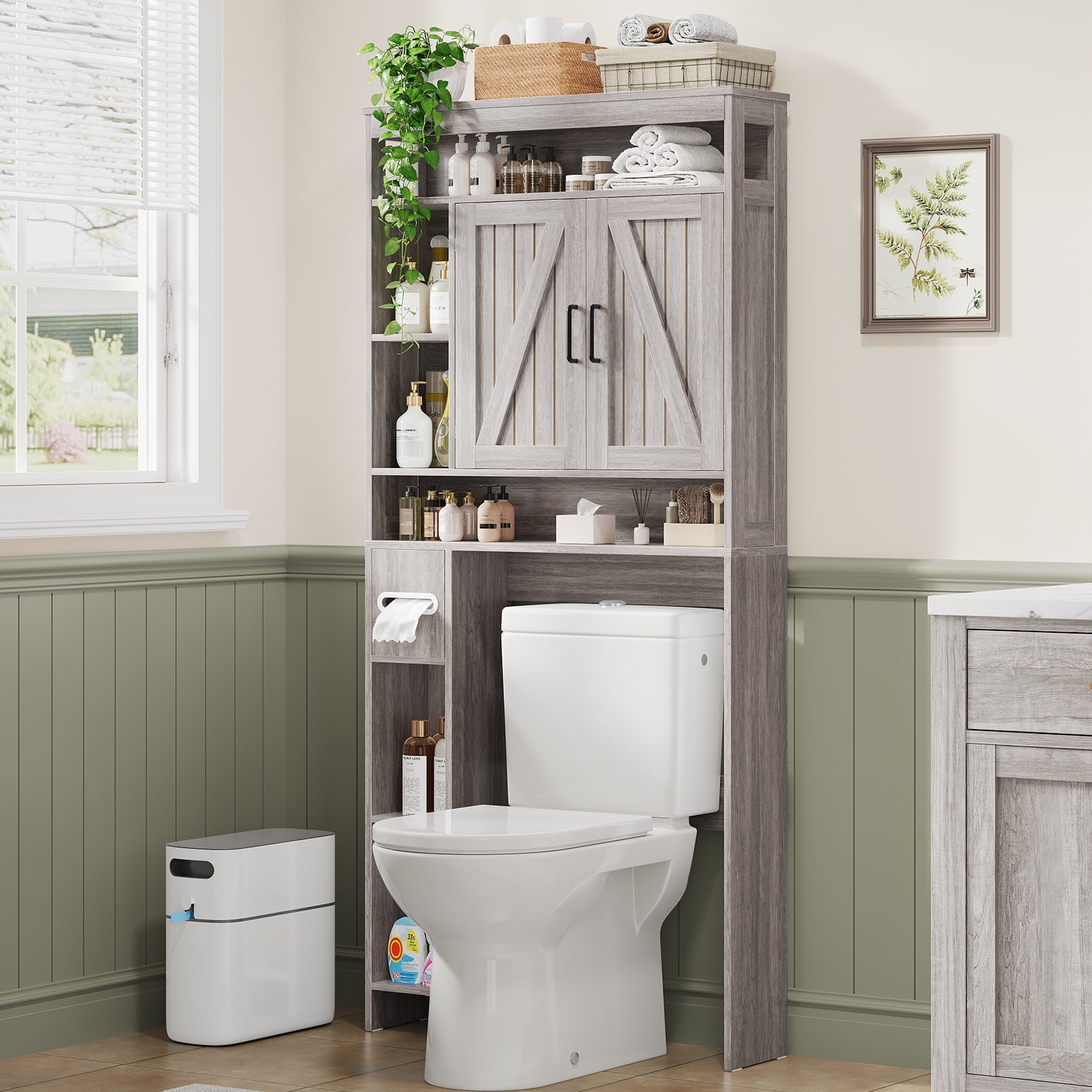 Vividwood Farmhouse Over-the-Toilet Cabinet with Soft Close Doors, Gray Wood