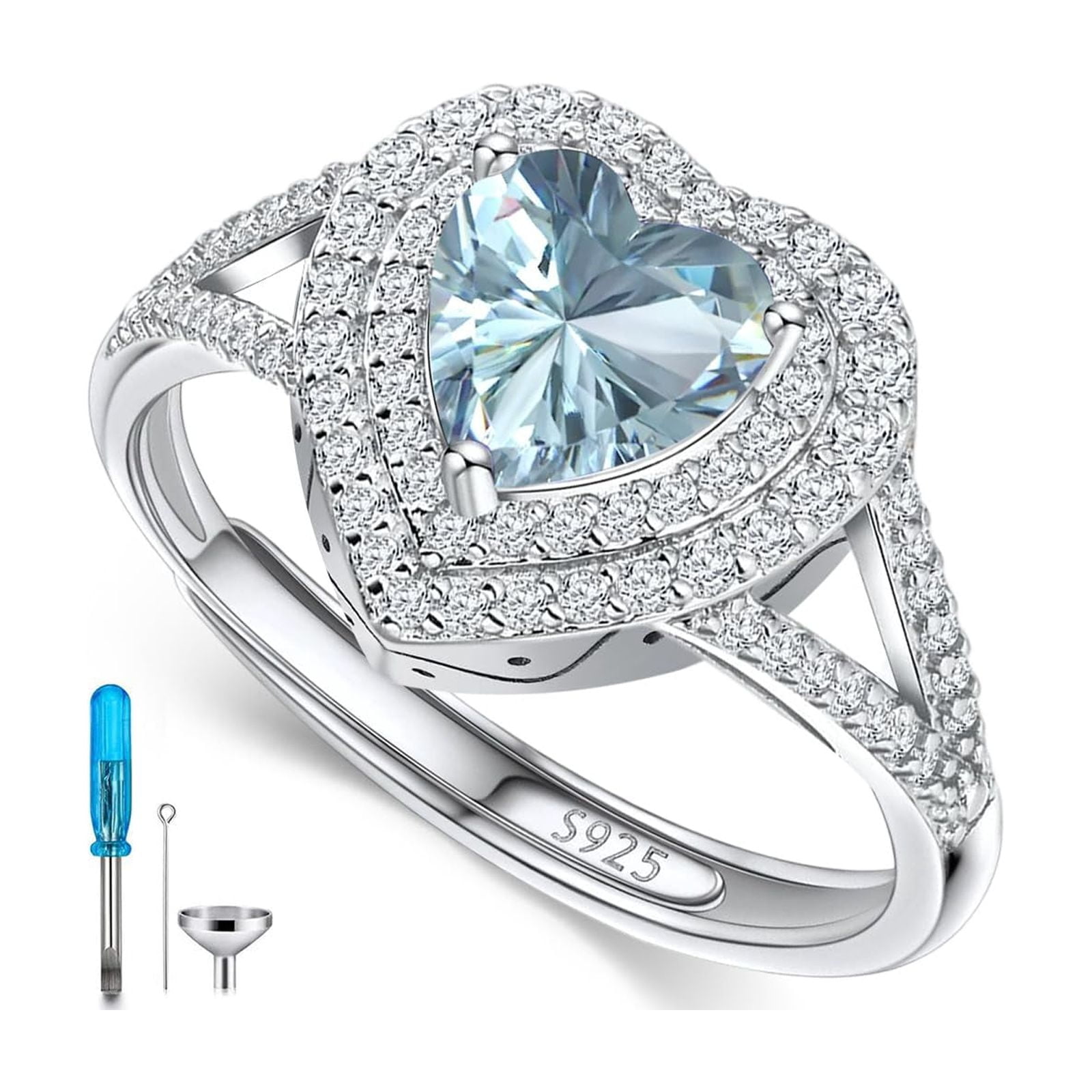 YAFEINI Sterling Silver Heart Birthstone Cremation Ring Holds Loved One's Ashes, Heart Urn Ring for Women, Memorial Keepsake Embellished with Austrian Crystals size 6-9 Adjustable Ring-March