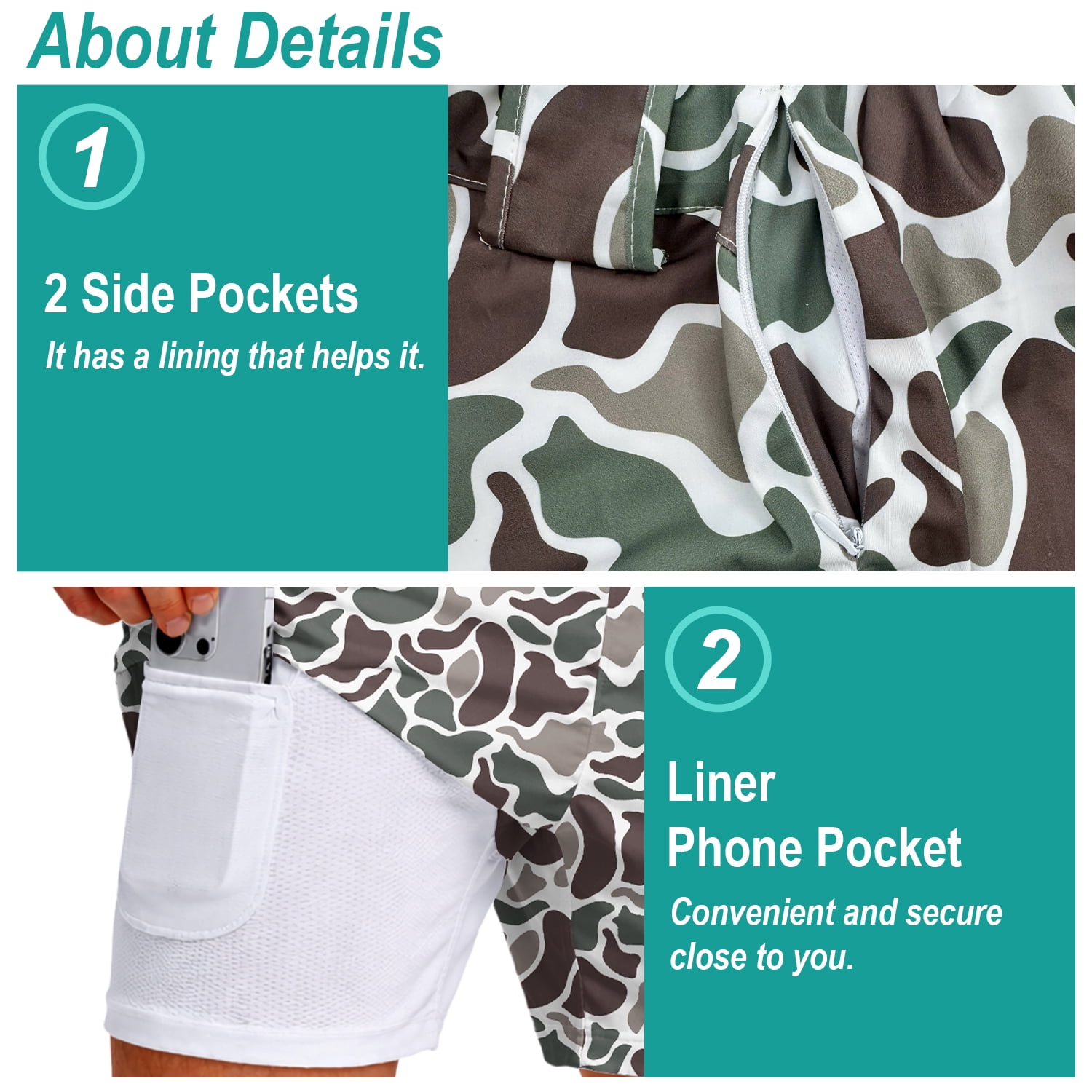 MINOUVA Men's 2-in-1 Swim Trunks with Compression Liner, Quick-Dry Stretch Fabric, Drawstring Waist, and Pockets, Shorts, Camo Duck XL