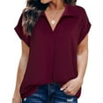 thumbnail image 4 of VERUGU Women's Casual Short Sleeve V-Neck Tunic Top Raglan Sleeve Lapel Shirts Summer Solid Classic Loose Comfy Blouse for Leggings Wine S, 4 of 7