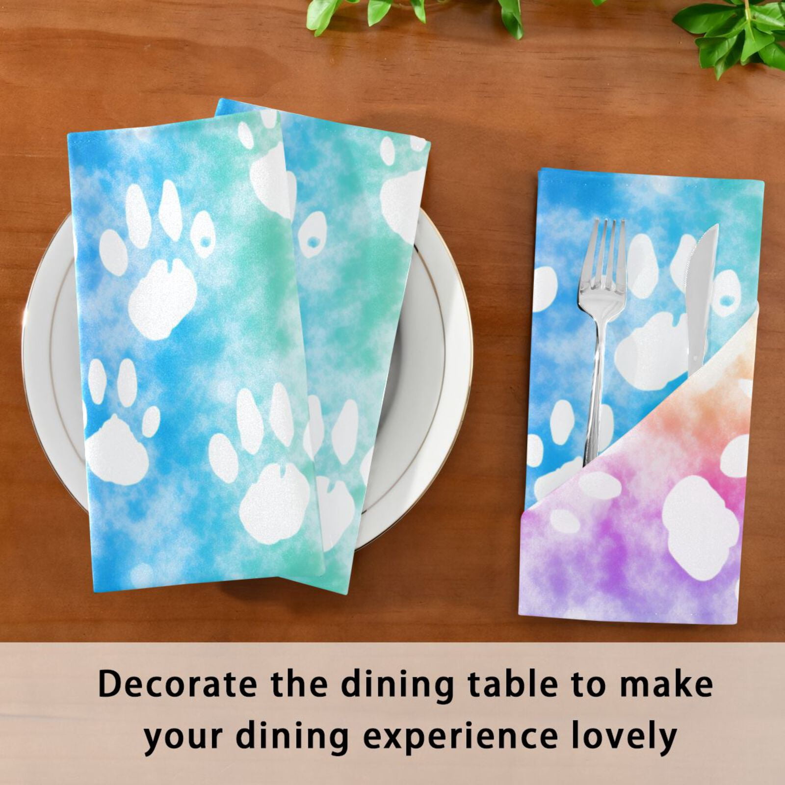JSTEL Dog Paw Prints Rainbow Tie Dye Cloth Napkins Set of 6, 20x20 Inch Washable and Reusable Napkin for Decoupage Dinner Party Everyday Use