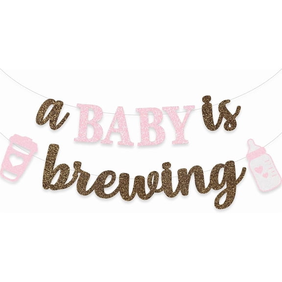 Coffee Baby Shower Banner A Baby Is Brewing Party Decoration Gender Reveal Glitter Garland Pink