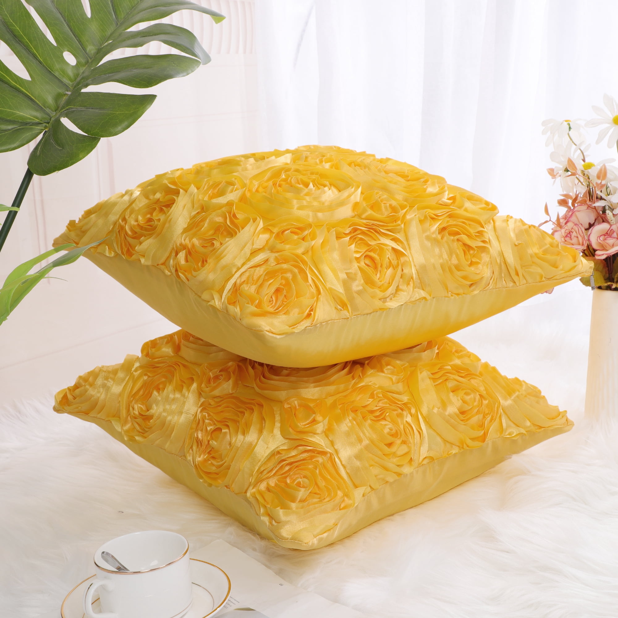 Unique Bargains 2-Pack 3D Flower Decorative Throw Pillow Covers 16" x 16" Gold
