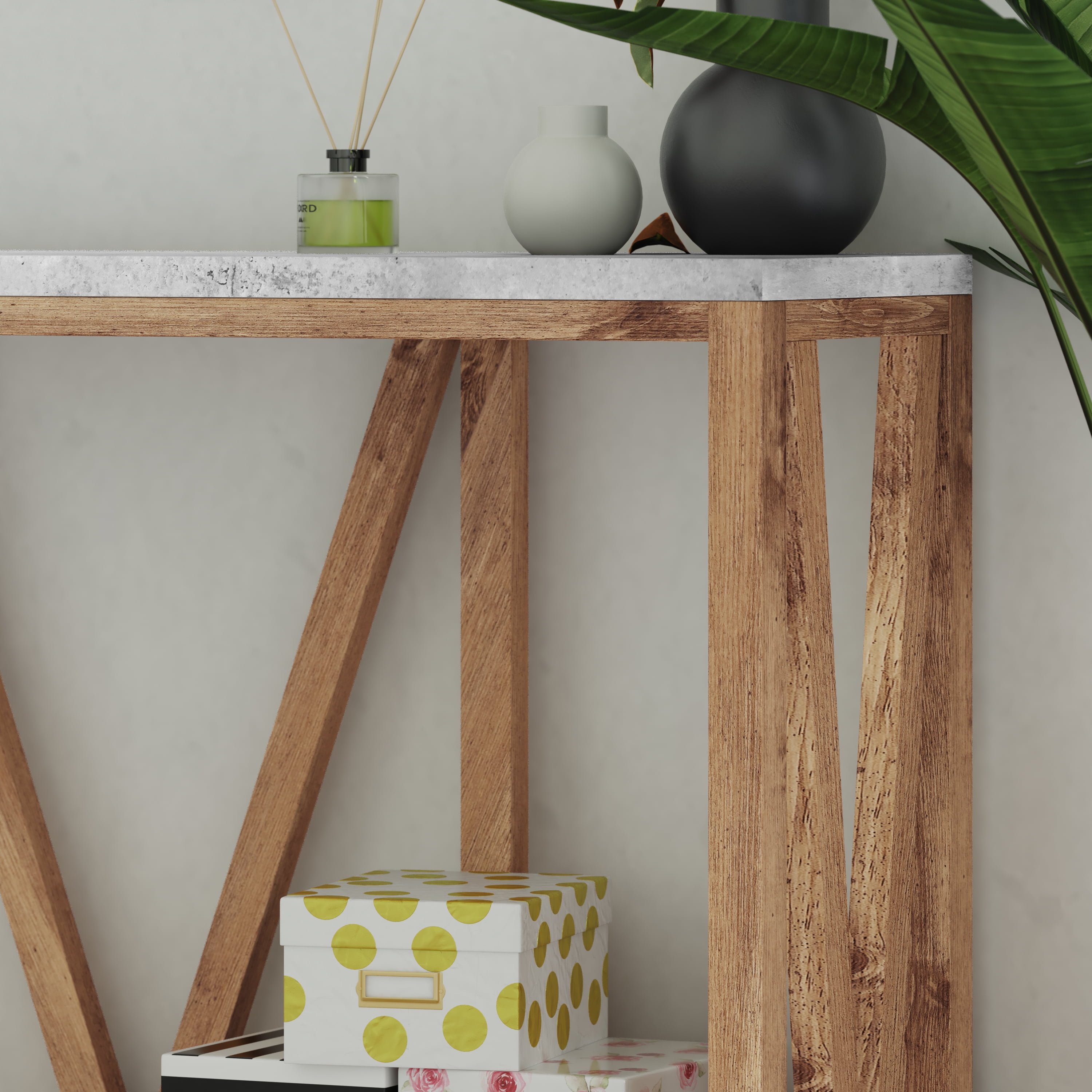 Emma + Oliver Modern Farmhouse Entryway Console Accent Table in Warm Oak with Faux Concrete Finished Wood Top