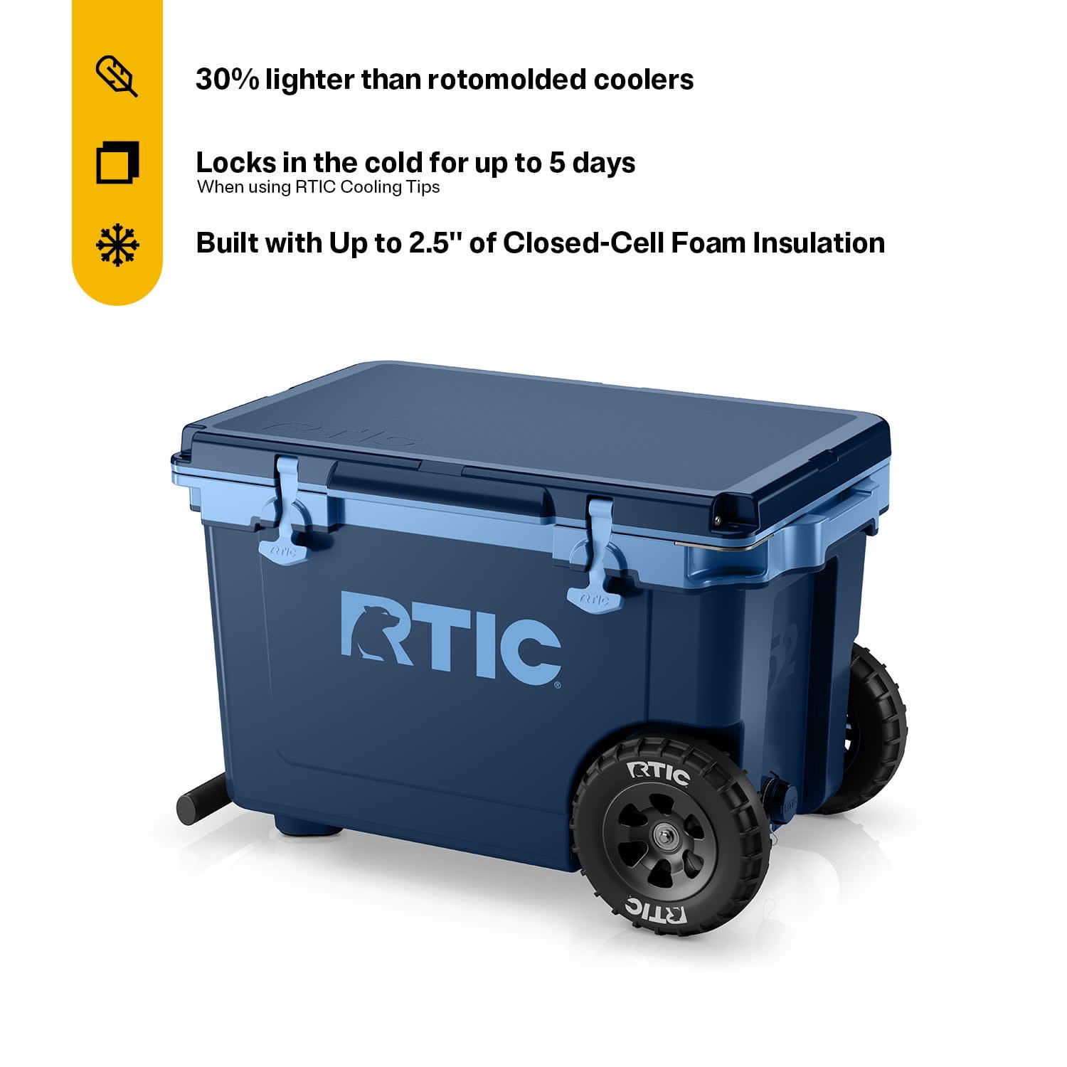 RTIC 52 QT Wheeled Hard-Sided Ice Chest Cooler, Ultra-Light, Fits 76 Cans, Navy & Denim