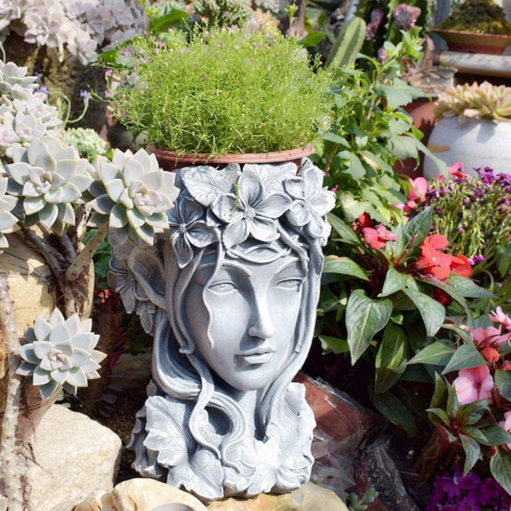 Sungmor Goddess Head Resin Planter for Garden Gray 9×9×14 In Ornaments