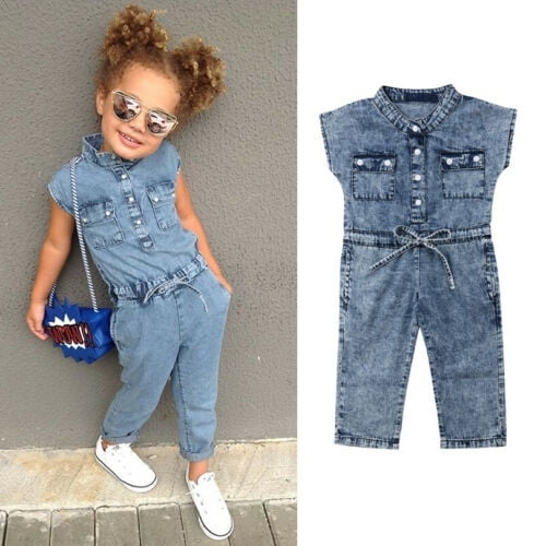 Kids Baby Girl One Piece Denim Blue Romper Jumpsuit with Belt Bow