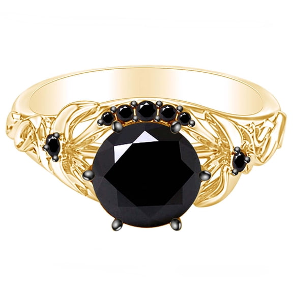 AFFY 2.13 Carat Round Shape Black Natural Diamond Engagement Ring 14K Solid Yellow Gold Ring Size-5