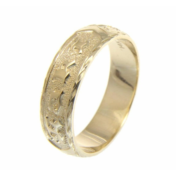 14K yellow gold custom made Hawaiian plumeria scroll ring raised letter 6mm size 7.5