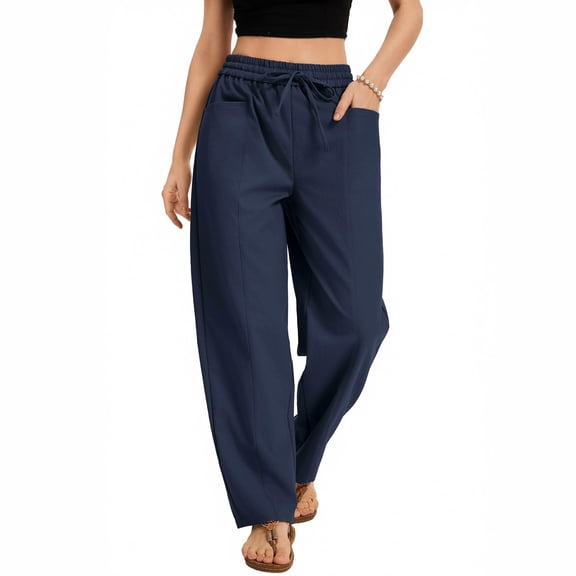 Women's Wide Leg Cropped Pants, Casual Elastic Drawstring Waisted Pants With Pockets, Harem Style Trousers,Navy,XL