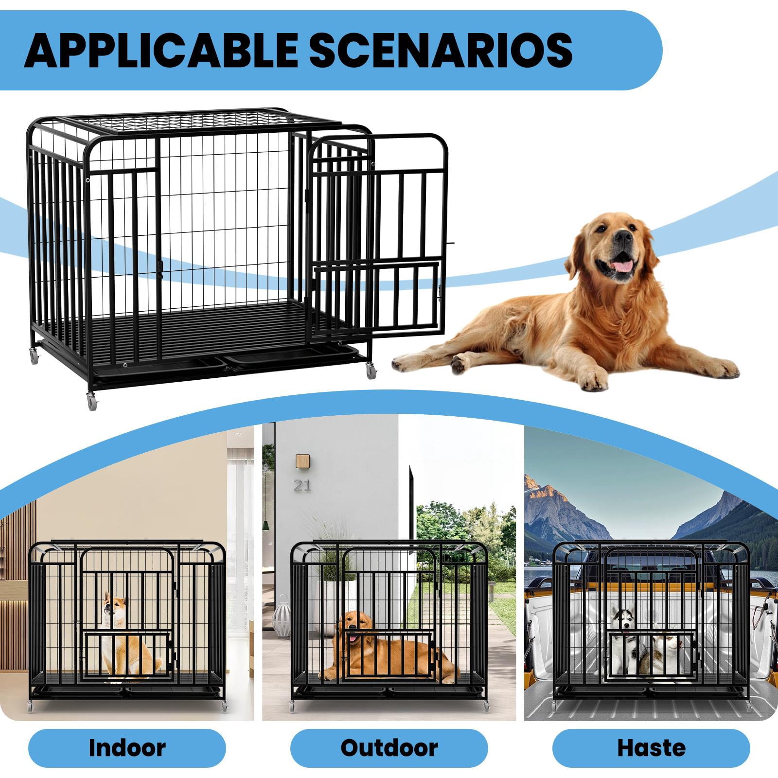 Muweixin 42 inch Black Metal Dog Crate with Top & Front Doors, Removable Trays & Lockable Wheels, Indoor Outdoor Kennel for Medium Large Dogs