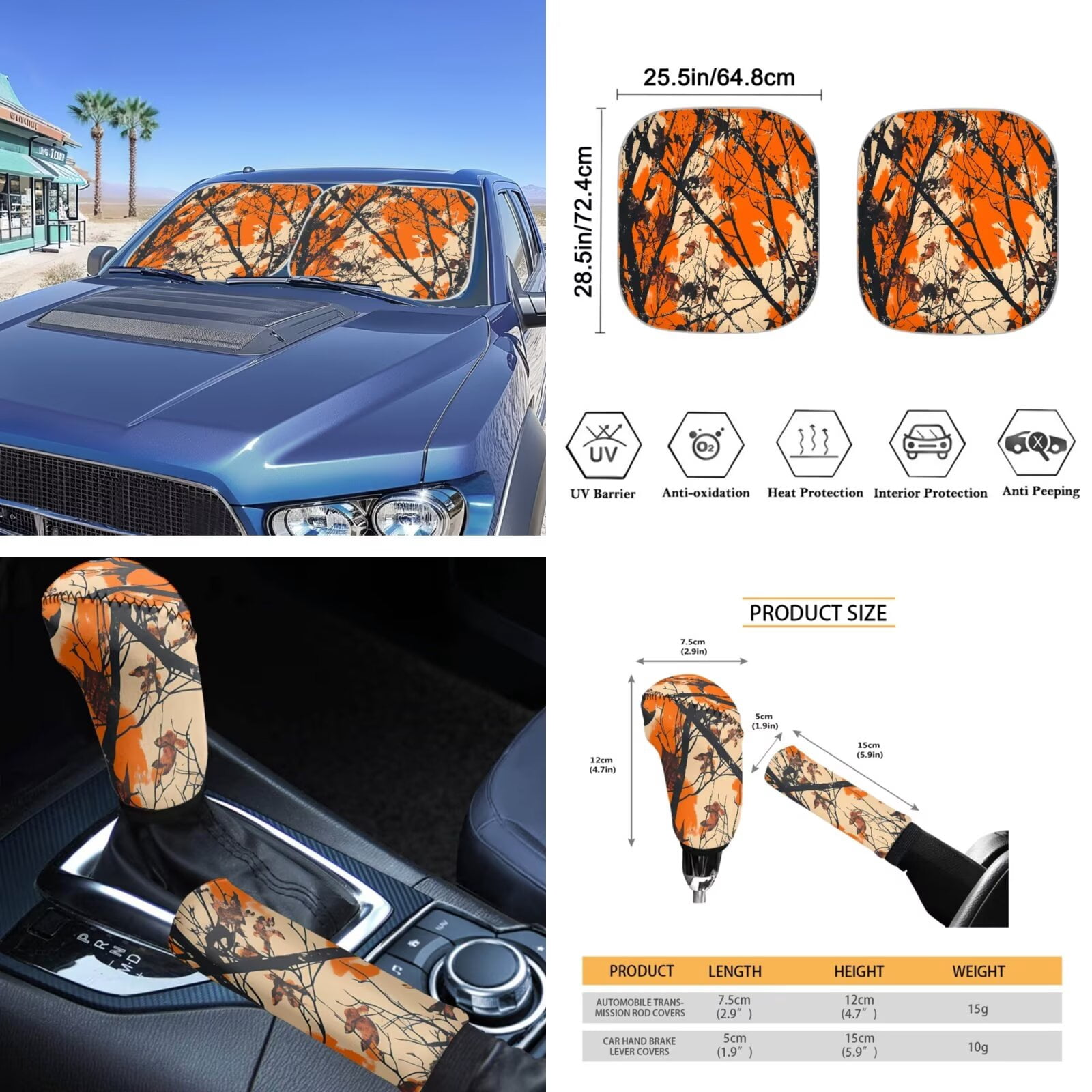 Garronmavis Orange Hunting Camo Forest Car Seat Cover Full Set 16 Pieces Belt Pads Cover Keychain Gear Shifting Knob Cup Mats Windshield Sun Shade