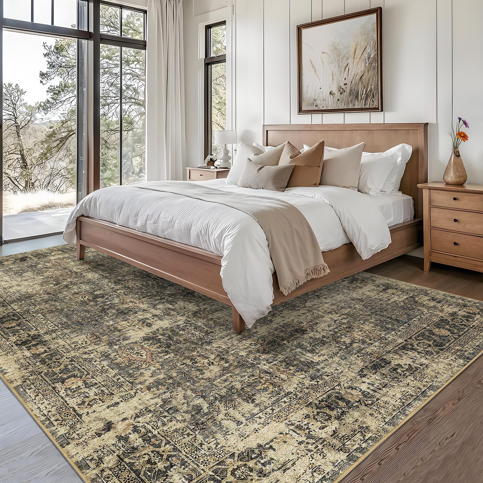 FairOnly 5'x7'Oriental Distressed Area Rug Machine Washable Non Slip Vintage Soft Indoor Floor Cover for Living Room Bedroom Office Study Room,Green