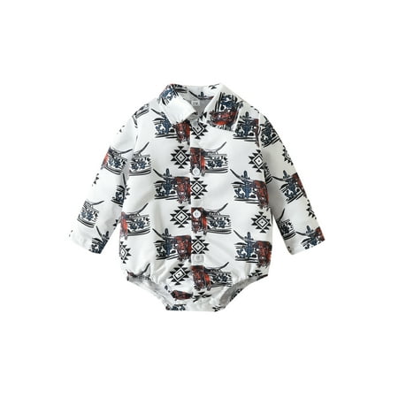 

Western Baby Boys Clothes Cowboy Romper Cow Print Long Sleeve Lapel Button Shirt Romper Bodysuit