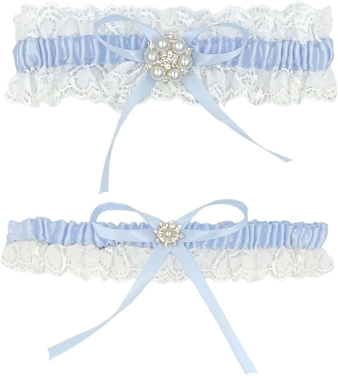 Lace Garter With Ribbon Bow & Pearl Heart Bead White Blue Ivory Wedding Bridal 