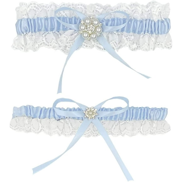 Blue Bridal Garter, Lace Wedding Garters With Toss Away - Set Of 2 (Blue)