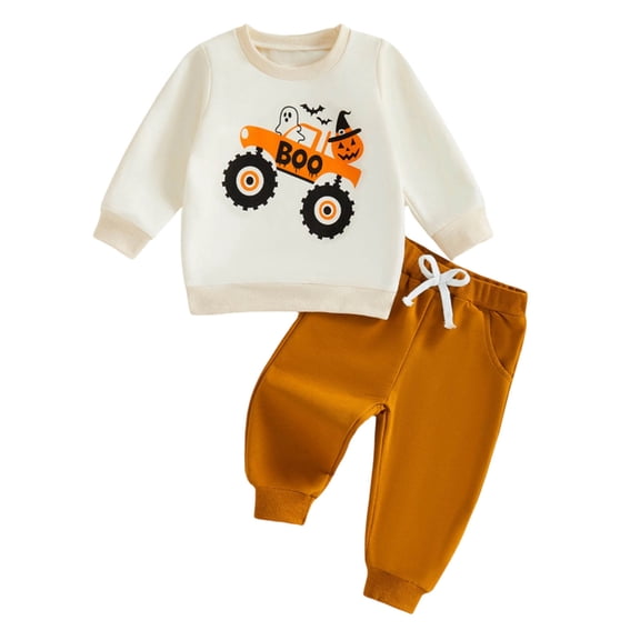masbird Toddler Baby Halloween Outfit Boy Girl Truck Pumpkin Boo Crew Sweatshirt and Pants Set Halloween Fall Baby Clothes,White,3-4 Y