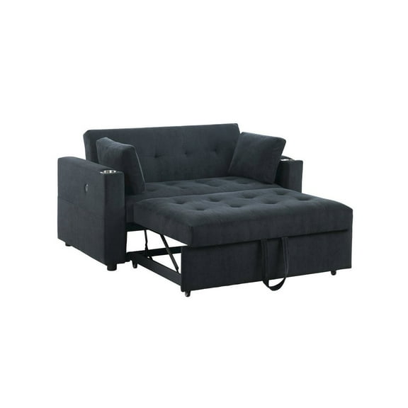 Lilola Home 57"W Black Corduroy Convertible Sleeper Loveseat with Cupholders