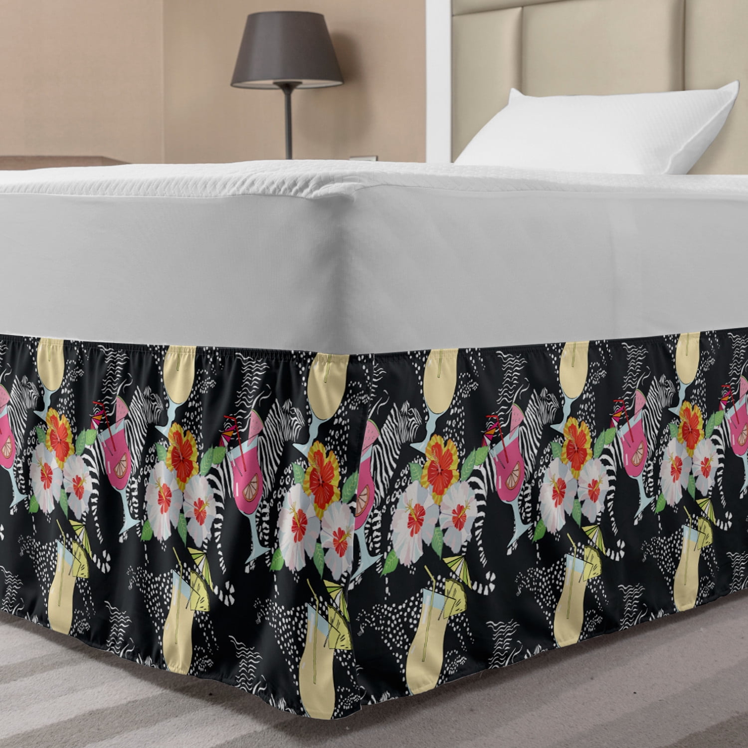 Aloha Bed Skirt, Pattern with Cocktails and Hibiscus Blossoms on Zebra Background Hawaiian Luau
