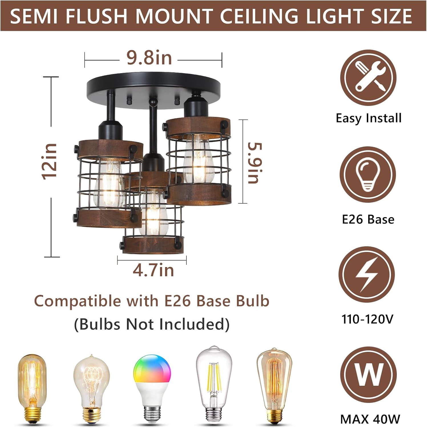 3-Light Farmhouse Semi Flush Mount Ceiling Light, Black & Wood Cage Ceiling Fixture with E26 Base, Industrial Close to Ceiling Lighting for Kitchen, Hallway, Entryway, Bedroom, Porch, Dimmable, 9.8"