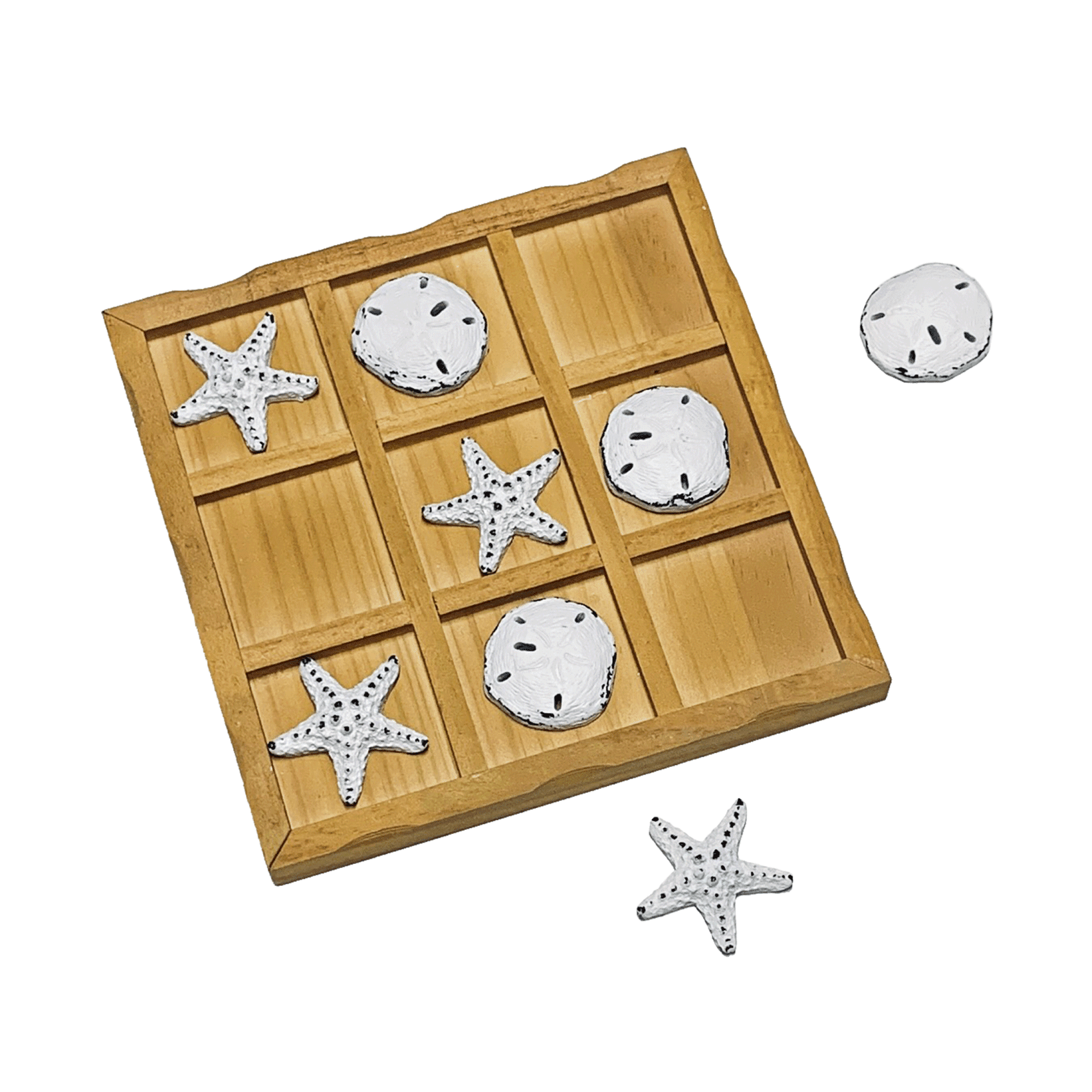 WOWME Wooden Tic - Tac - Toe Beach Game Board with Sand Dollars & Starfish - Perfect for Family & Party Fun