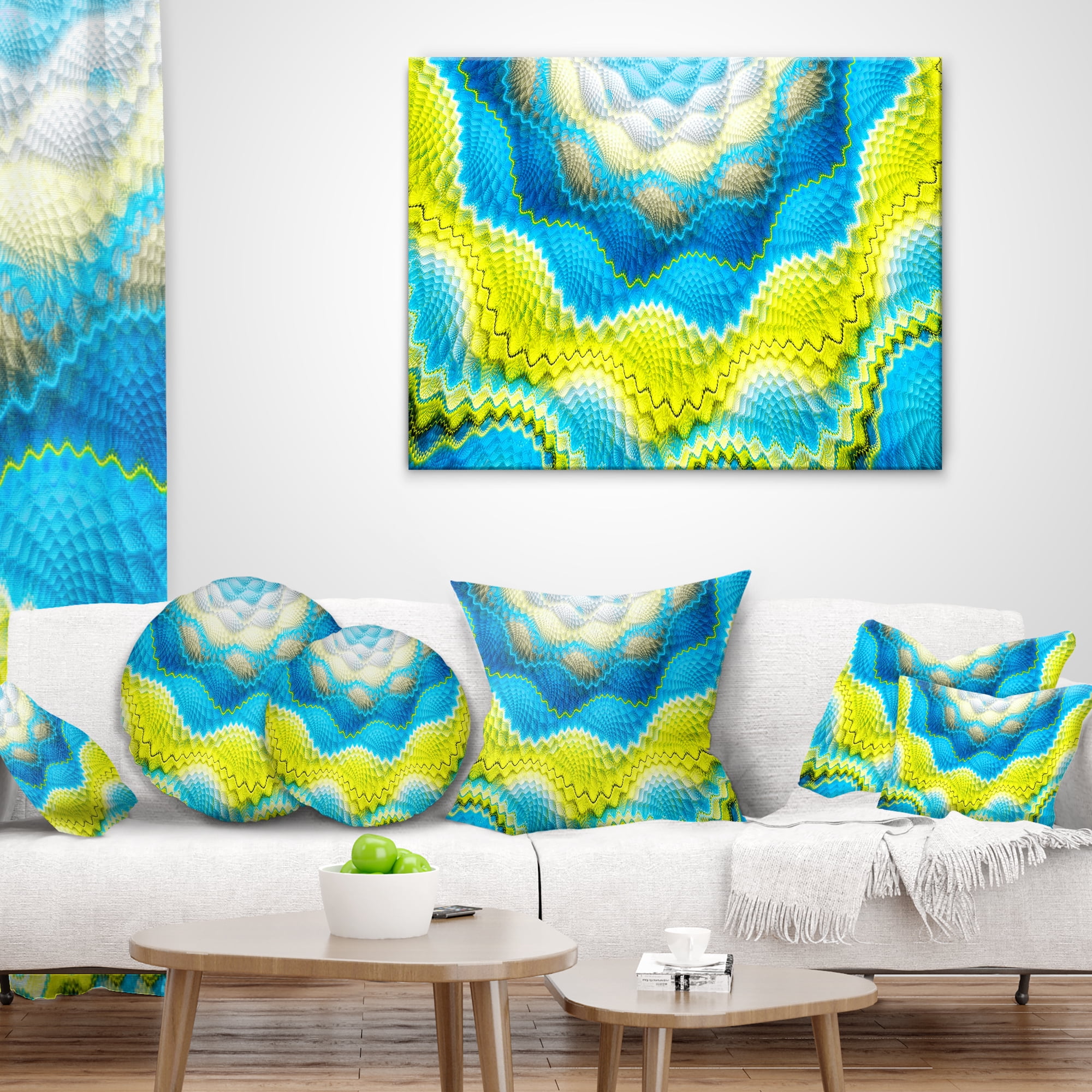 Designart Blue Yellow Spiral Snake Skin - Floral Throw Pillow - 16x16