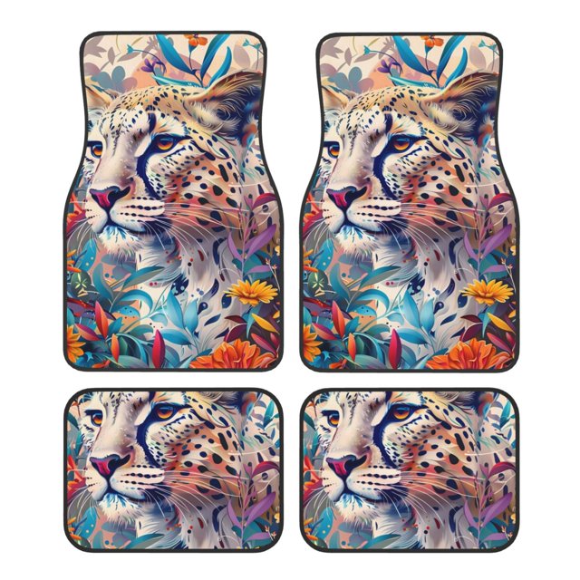 Lsque Vibrant Leopard In Flowers Print 4-Piece Floor Mats, Heavy-Duty Rubber Liners, Anti-Slip Design, All-Season Automotive Protection, Vehicles, Cars, Trucks, and SUVs