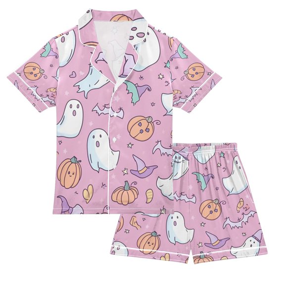 FORMRS Kids Short Sleeve Top and Pants Pajama Set Unisex Satin 2-Piece Sleepwear, Sizes 5-6Y, Purple Halloween