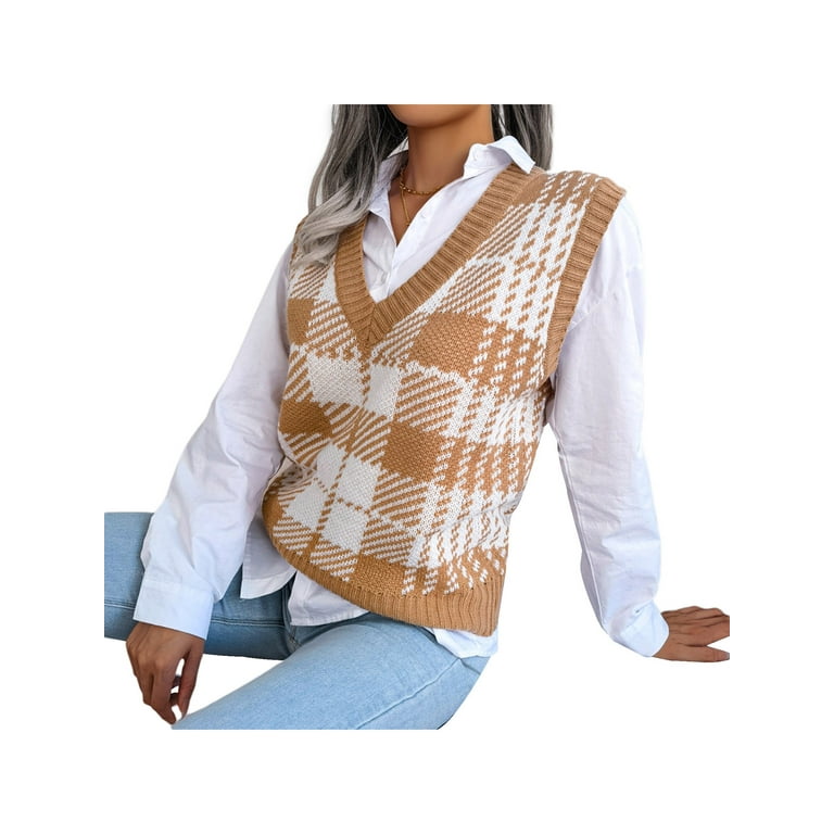 Women Sweater Vest Autumn V-neck Checkered Sleeveless Jumper