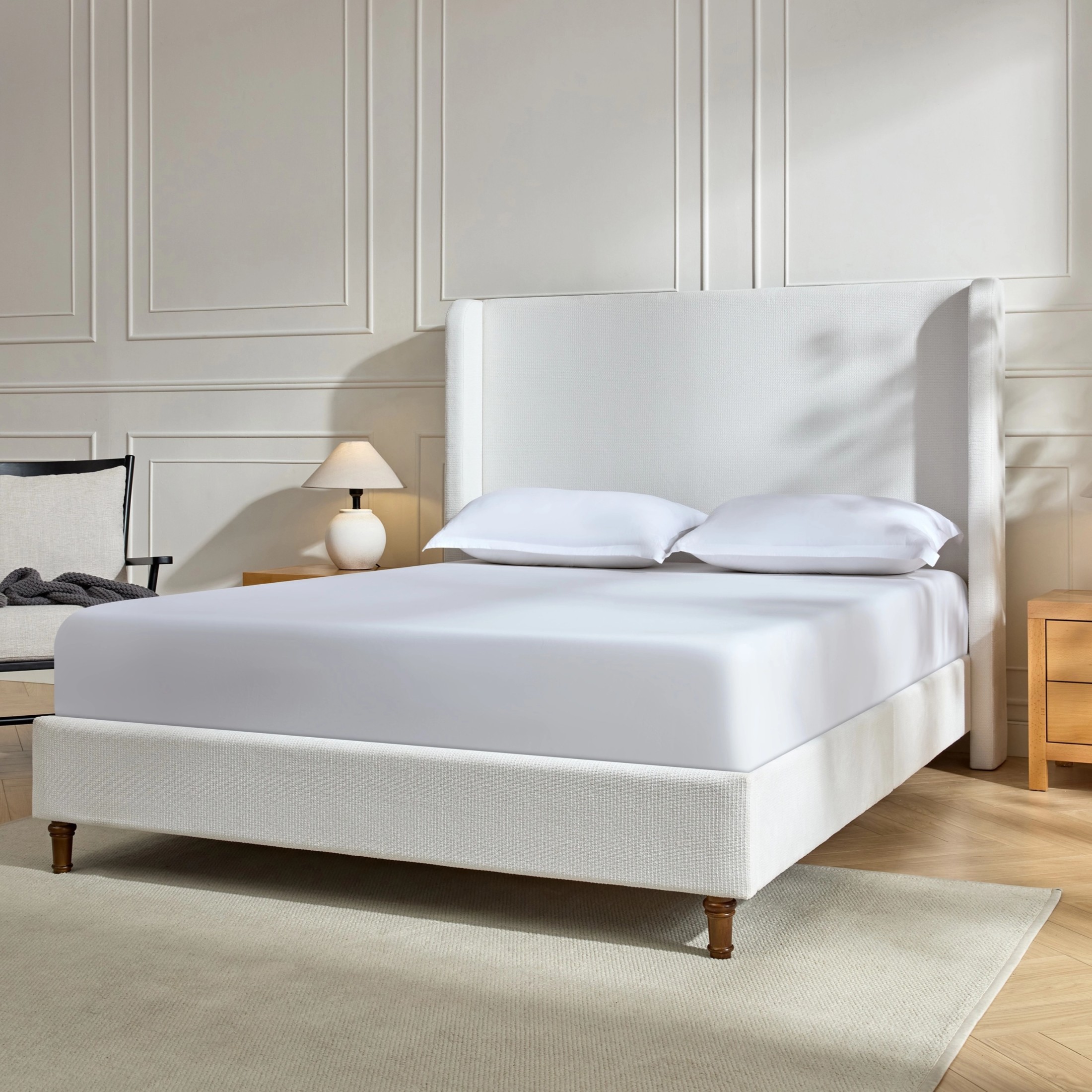 Noble House Harper Queen Upholstered Bed Frame, 54" Tall Chenille Headboard with Curved Wingback, Cream White