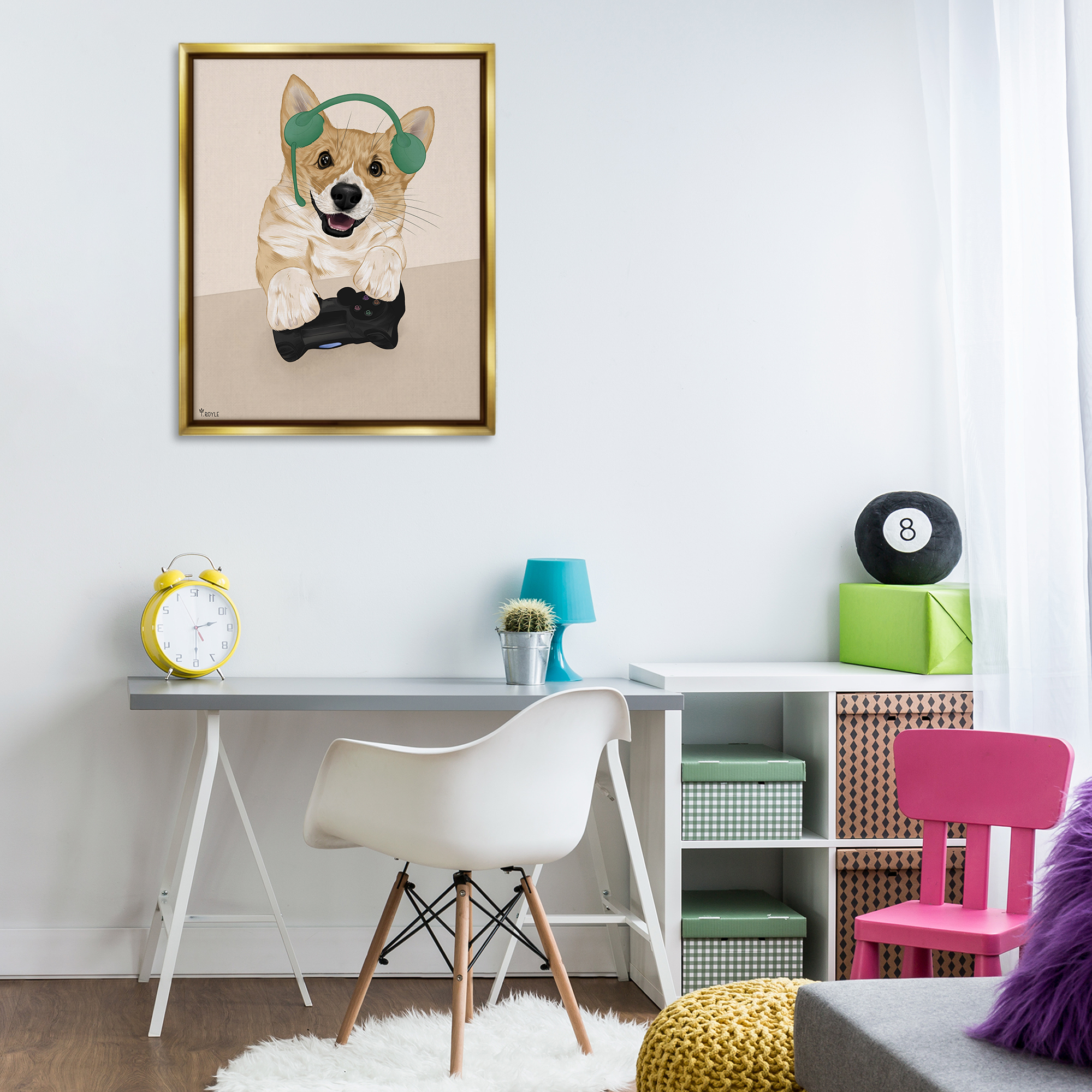 Stupell Industries Happy Gamer Dog Animals & Insects Painting Gold Floater Framed Art Print Wall Art, 25 x 31