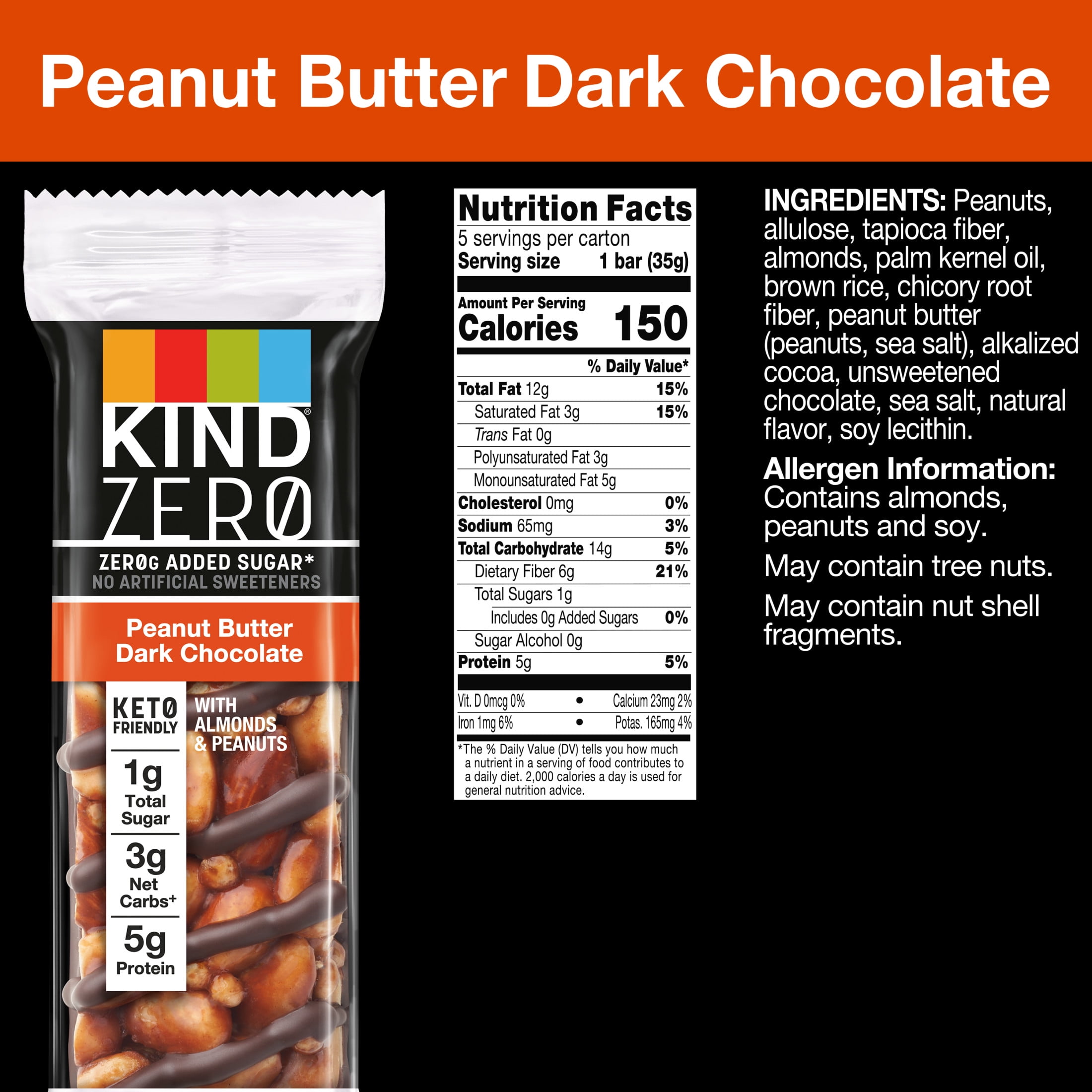 (6 pack) KIND Keto Snack ZEROg Added Sugar Peanut Butter Dark Chocolate Box 5 Bars