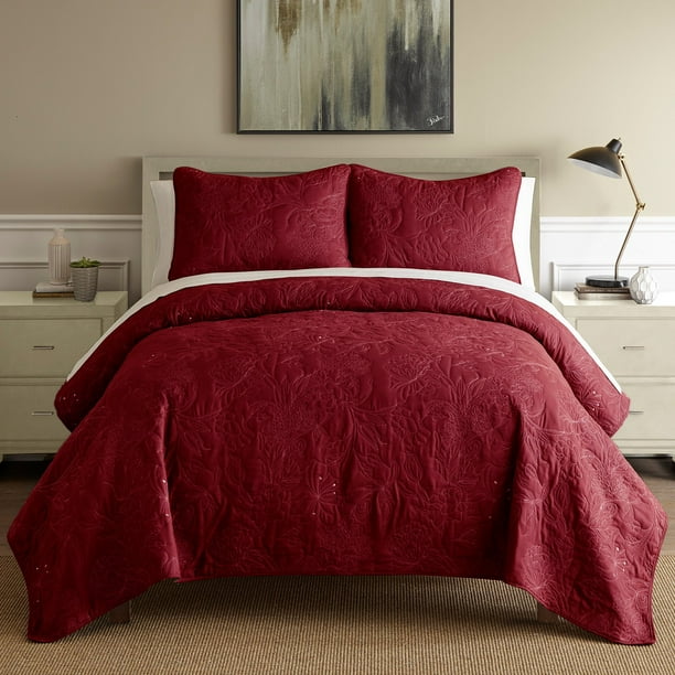 3 pc Embroidered quilt set Burgundy/White King - Walmart.com - Walmart.com