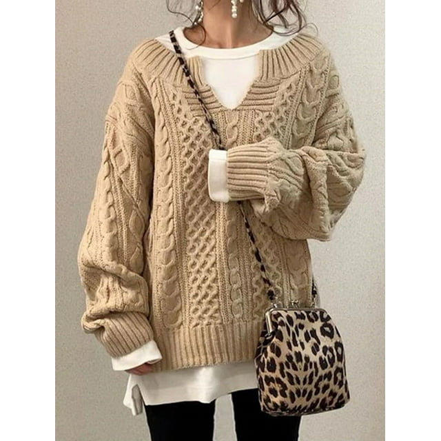 Pulls pour Femmes Tricot Chaud Manches Longues Col Mi-Ouvert Hauts Tricot Rétro Bureau Dame Pulls Automne Hiver