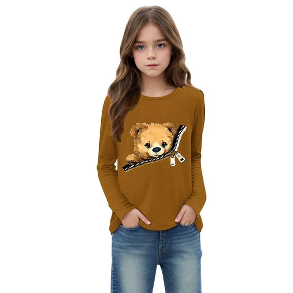 Kilaqueen Boys Girls Long Sleeve Shirt Crew Neck Solid Color Cute Bear-Print Pullover Tops Casual Trendy Ultra Soft Base Layer Undershirt