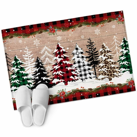 Christmas Tree Bathroom Mat 2x3 FT, Non Slip Small Kitchen Mat, Xmas Tree Vintage Red Black Plaid Washable Soft Backed Front Door Throw Rug Non-Shedding Indoor Outdoor Doormat for Entryway Sink